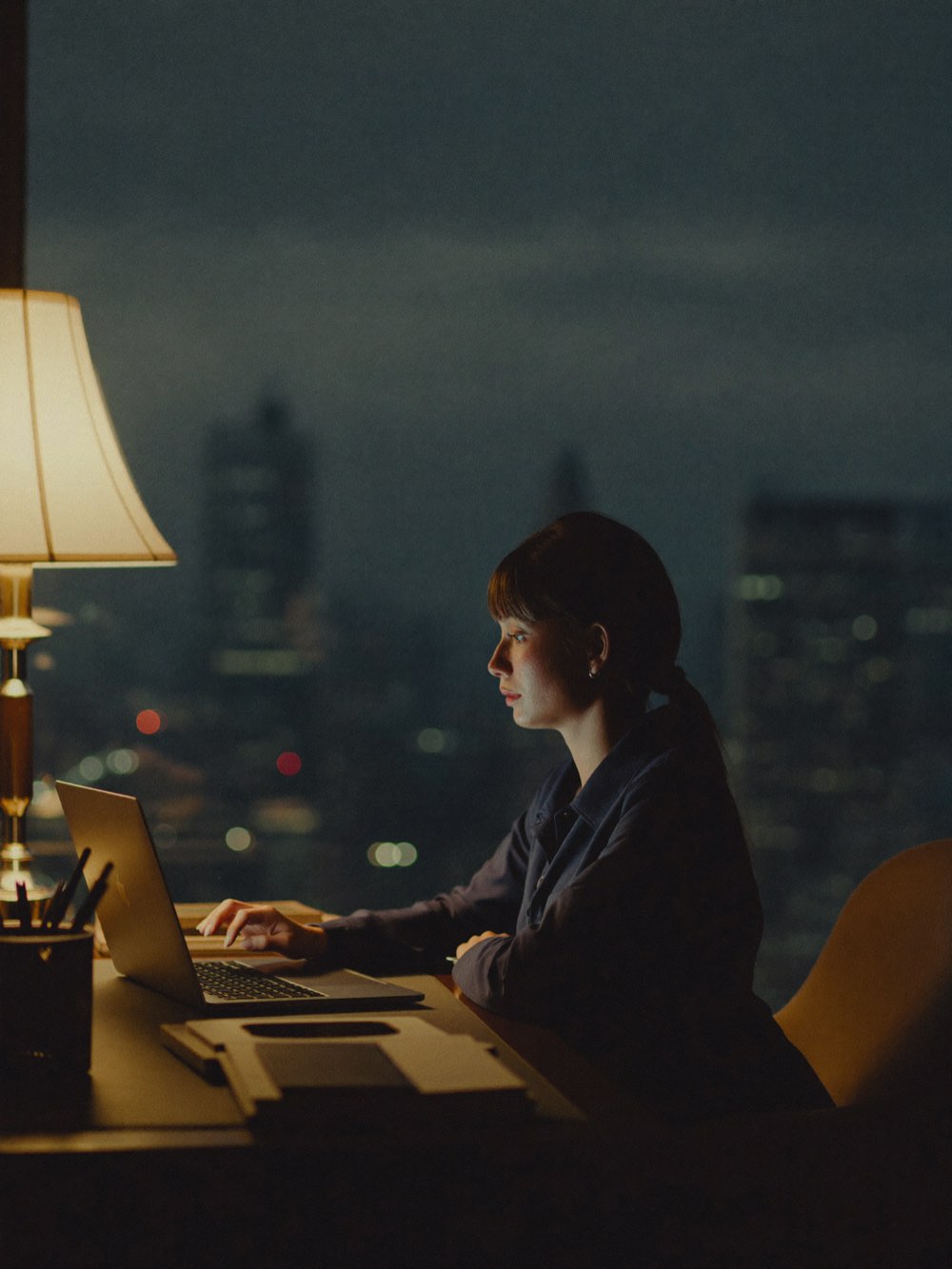 A professional working alone at a laptop in the evening, city lights behind her